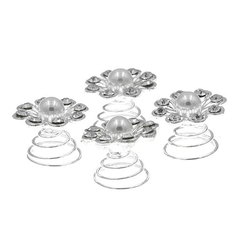 Curlies zilverkleurig bloem met parel 4 stuks
