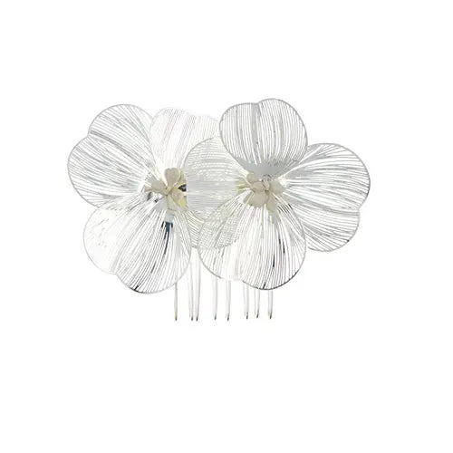 Haarkam twee bloemen zilverkleurig