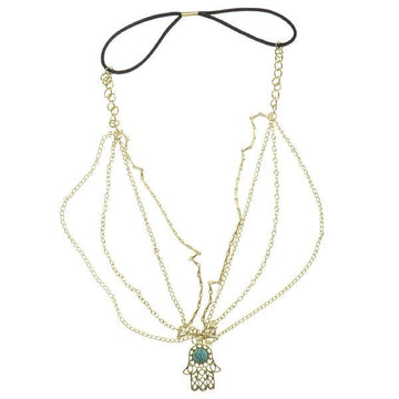 Haarketting goudkleurig steen kleur aqua hand