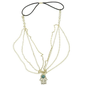Haarketting goudkleurig steen kleur aqua hand