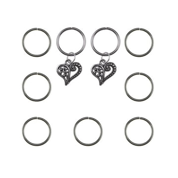 Hair rings 9 stuks met 2 bedels hart zilverkleurig