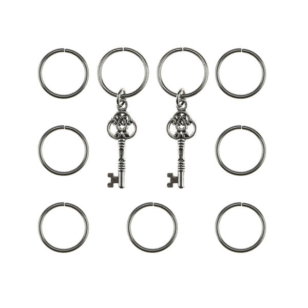 Hair rings 9 stuks met 2 bedels sleutel zilverkleurig