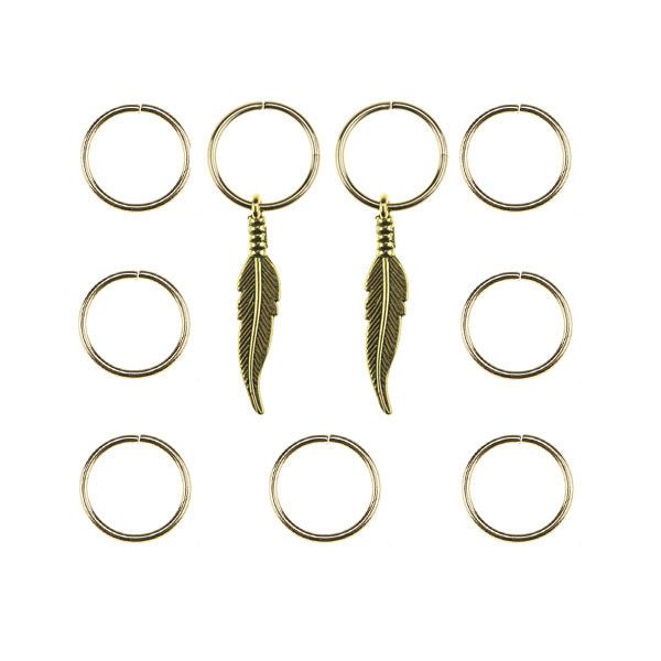 Hair rings 9 stuks met 2 bedels veer goudkleurig