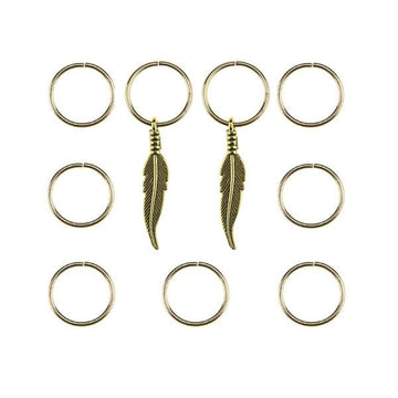 Hair rings 9 stuks met 2 bedels veer goudkleurig