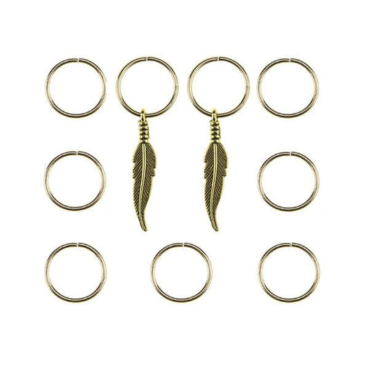 Hair rings 9 stuks met 2 bedels veer goudkleurig