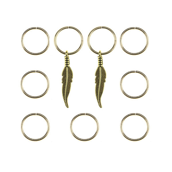 Hair rings 9 stuks met 2 bedels veer goudkleurig